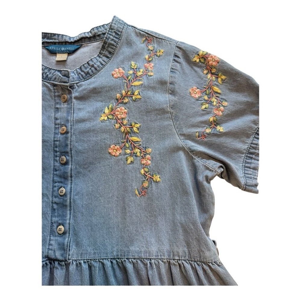 April Cornell Floral Embroidered Denim Midi Dress Cottagecore Light Wash Size L - Picture 6 of 14